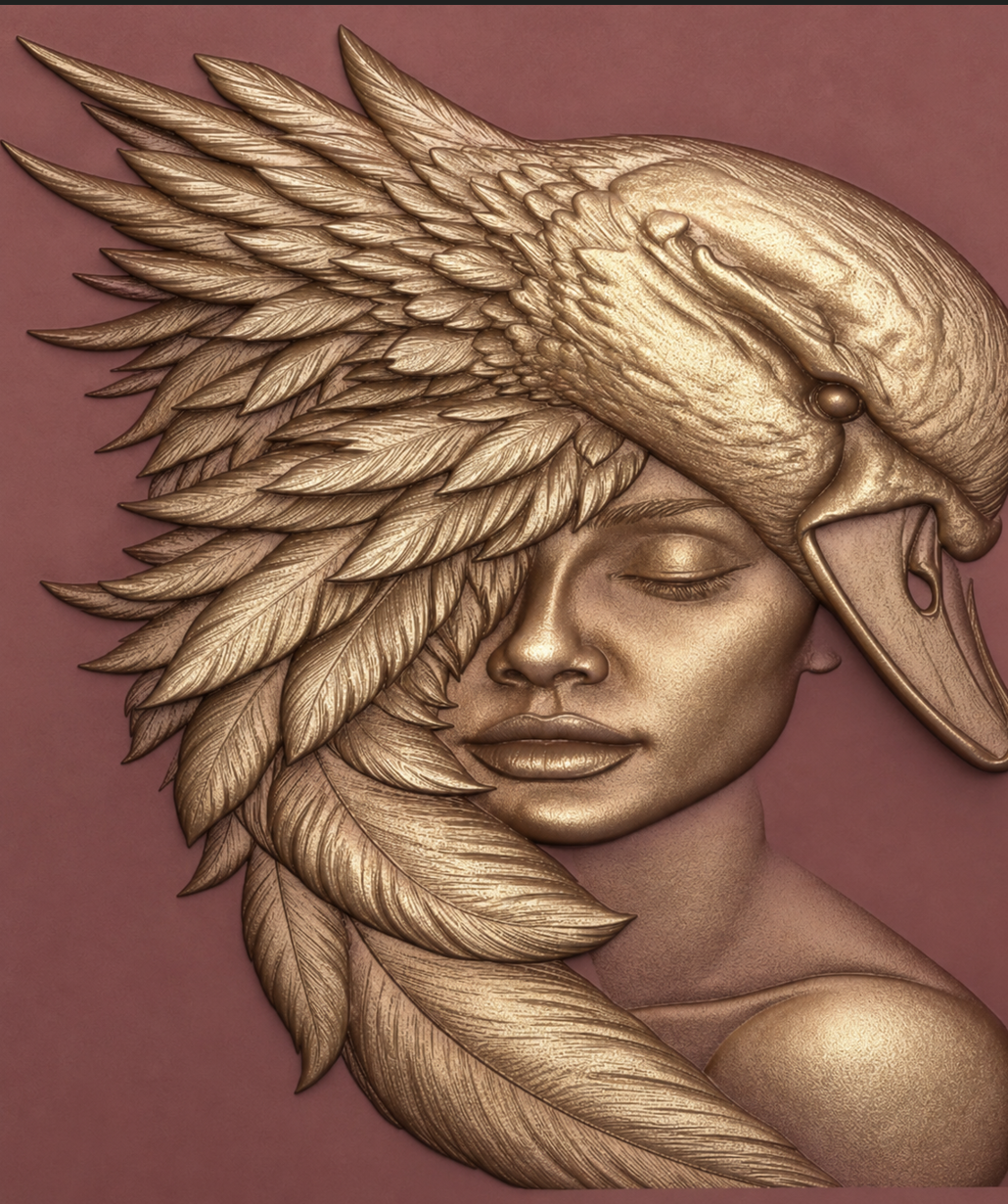 Intricate sculptural wall relief of a winged figure with feathered details — artistic CNC-carved mural with dramatic depth and shadow by Dervano Studio.