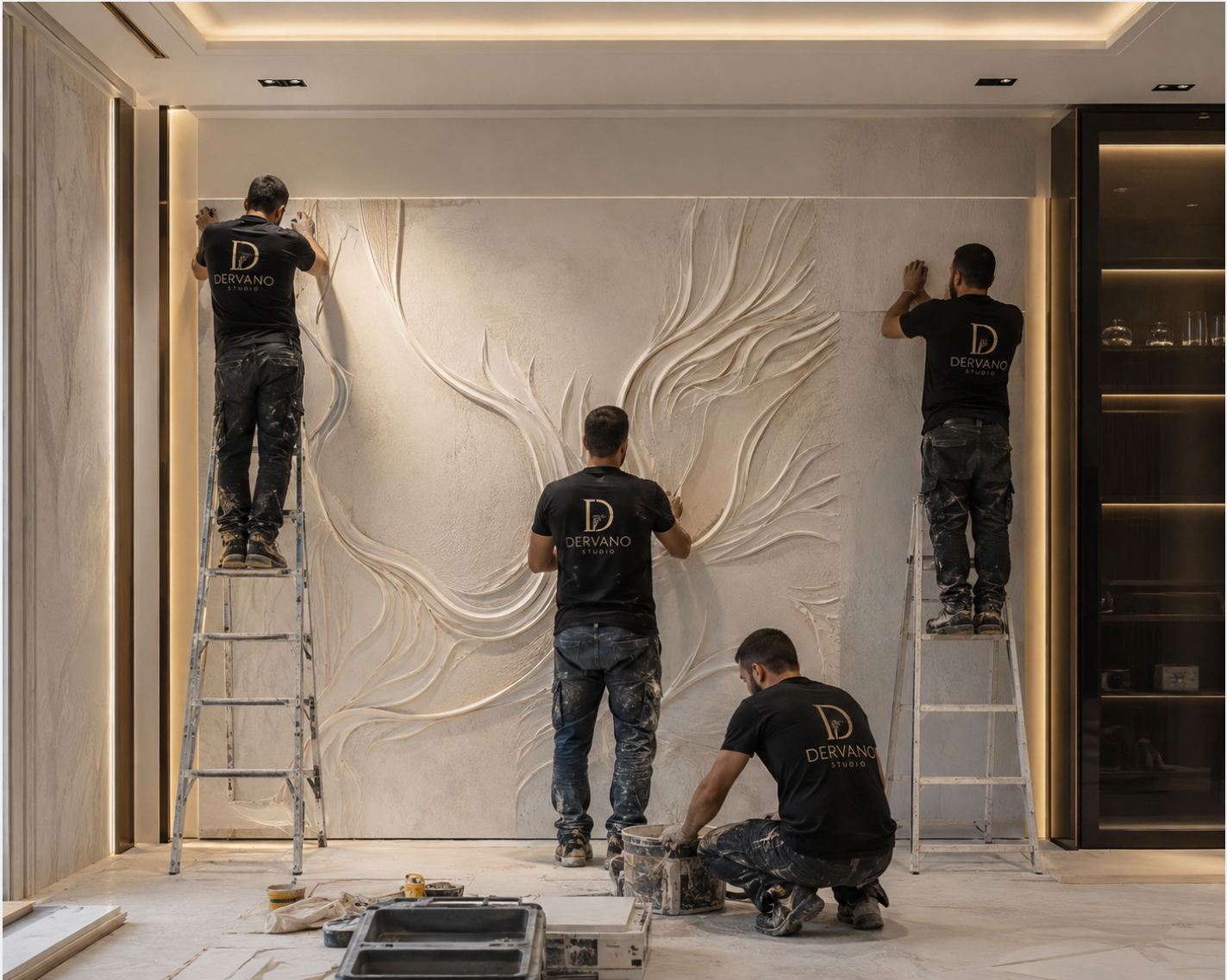 Professional installation crew fitting custom CNC wall panels on site — seamless execution from workshop to finished interior by Dervano Studio.