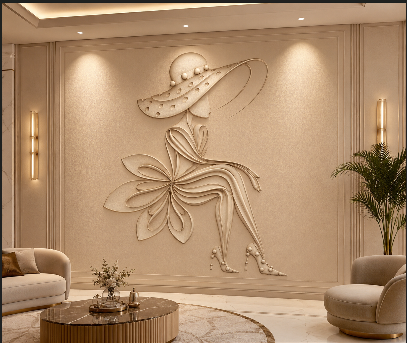 Completed classical relief wall mural installed in a luxury interior — hand-finished bas-relief depicting a historical equestrian scene by Dervano Studio.