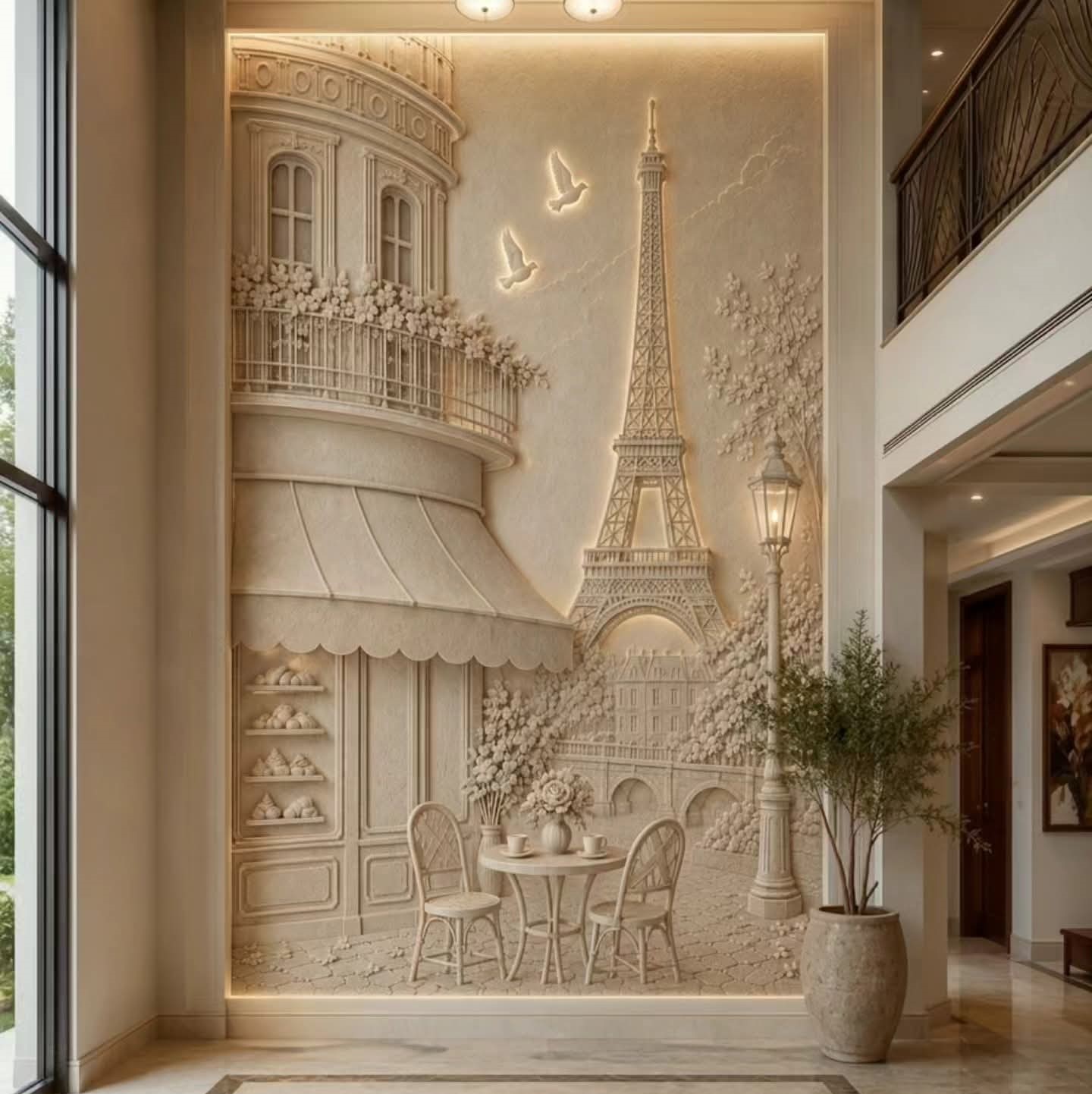 Grand interior hallway featuring classical architectural columns and ornate relief wall panels — neoclassical mural design and installation by Dervano Studio.