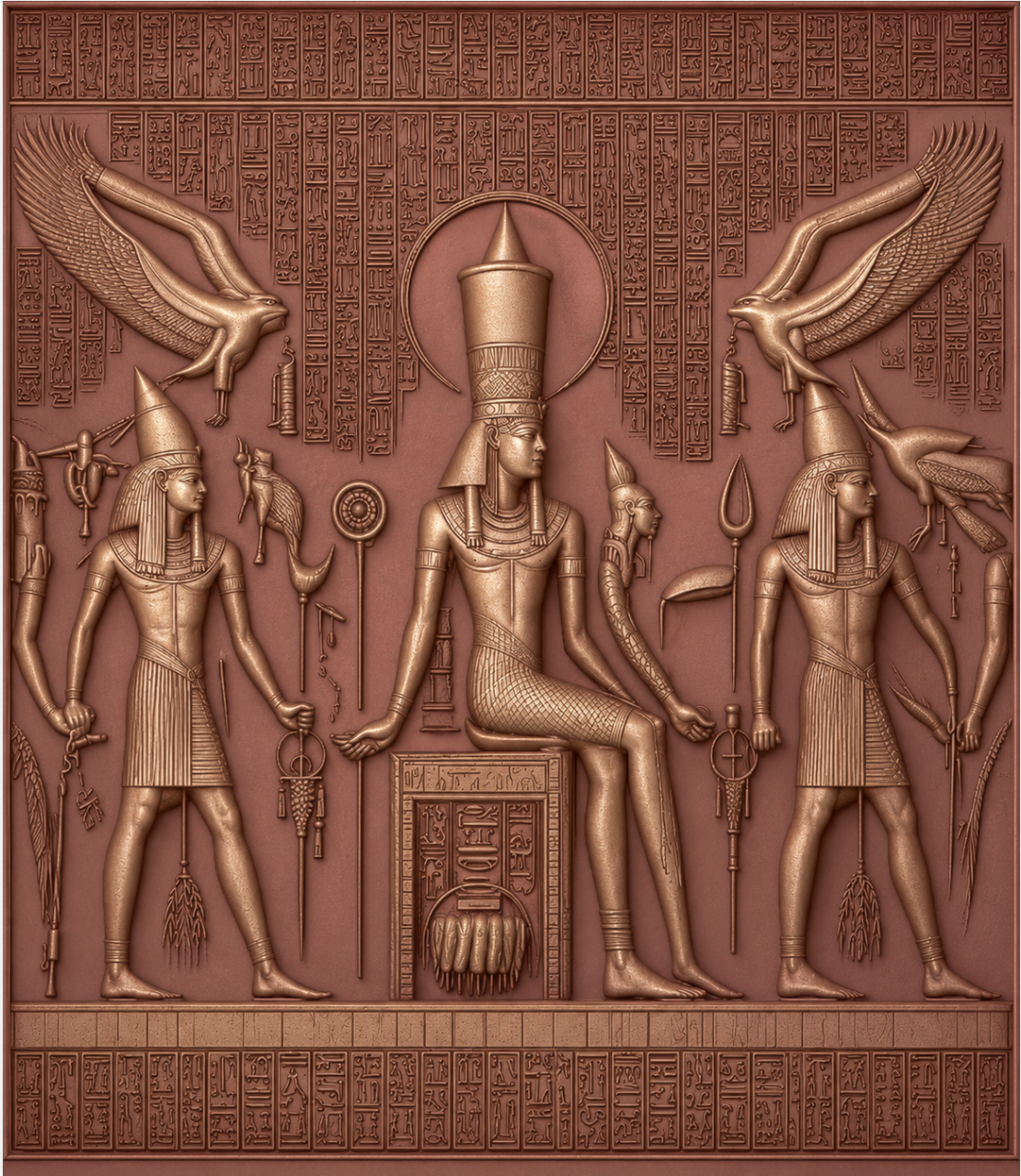 Pharaonic Egyptian-style relief wall panel depicting royal figures and hieroglyphic details — custom historical mural reproduction by Dervano Studio.