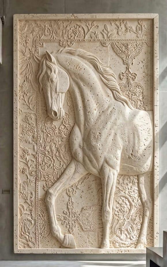 Classical relief panel featuring a horse in motion — traditional sculptural detail combined with modern CNC precision at Dervano Studio.